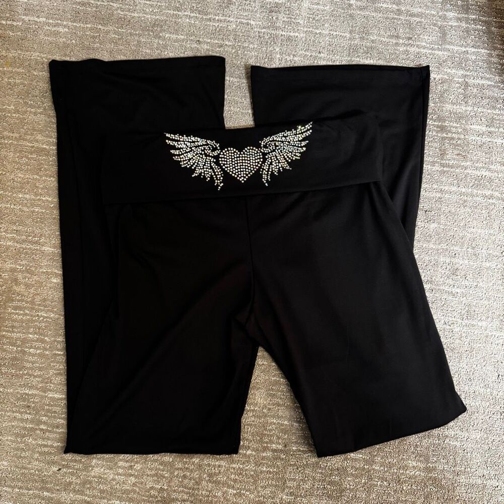 Vintage 2000s Y2K Inspired Black Iridescent Rhinestone Foldover Flare Legging XL